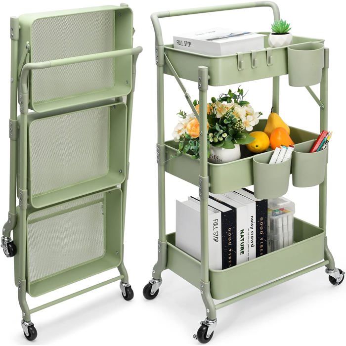 Desserte Pliante À Roulettes Chariot De Rangement Multifonction Pour Cuisine Buanderie Salle De Bain Et Coiffeuse Vert