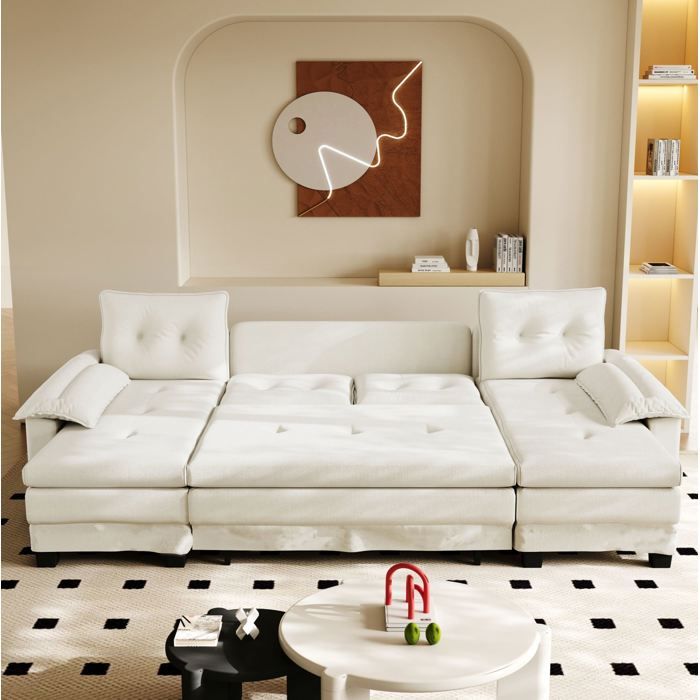 HOMVRA Canapé convertible U modulable 4 places en chenille beige avec USB 278 cm