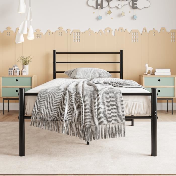 Lot De 2 Lits Simples En Métal 90x190 Cm - Avec Tête Et Pied, Rangement Sous Le Lit, Montage Facile - Noir