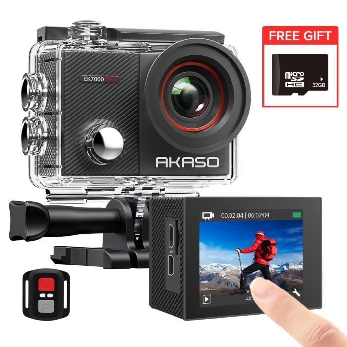 AKASO EK7000 Pro Caméra Sport 4K avec Carte MicroSDXC 32GB, 20MP WiFi avec Ecran Tactile EIS Stabilisateur Étanche 40M Noir