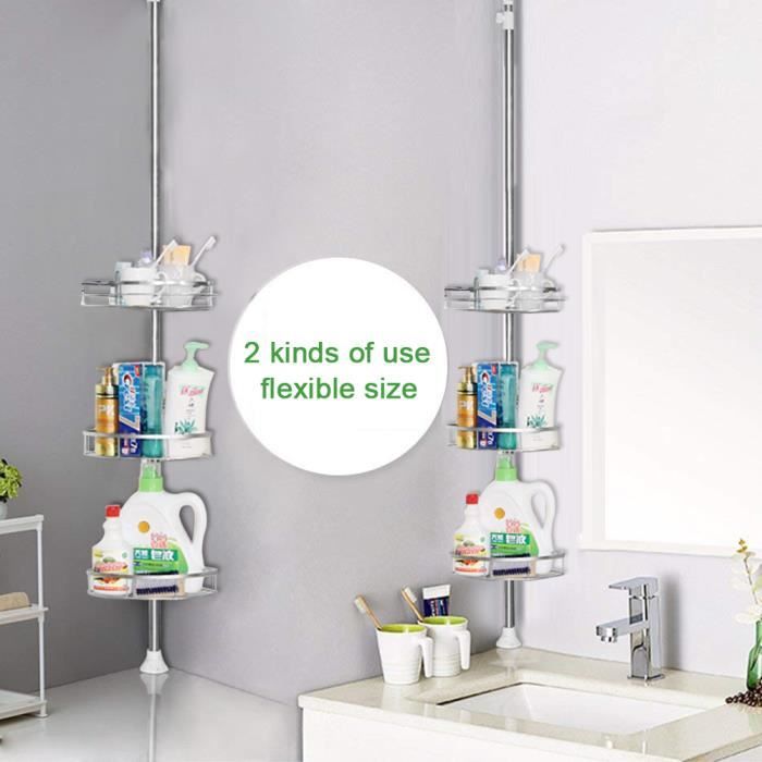 AG Poteau Réglable 3 tablettes Etagères De douche télescopique pour ranger Shampooing Savon110-280cm colonne en acier inox