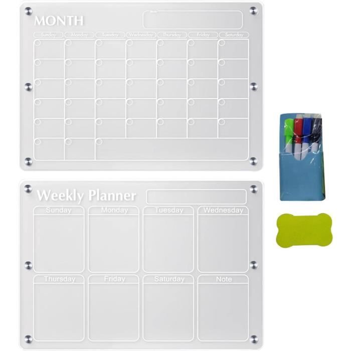 Tableau de calendrier magnétique en acrylique transparent, calendrier  mensuel hebdomadaire, aimant de réfrigérateur, tableau effaçable à
