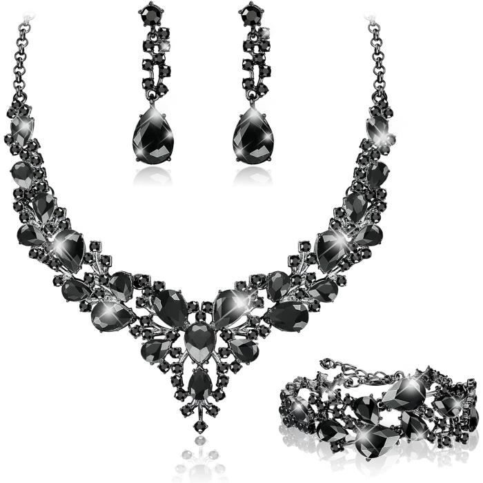 Parure De Bijoux Cœur - Collier Et Boucles D'Oreilles Cristal Strass Bleu
