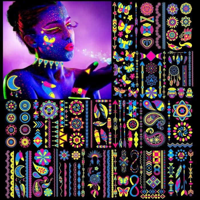 13 Tatouages Temporaires Néon Fluo Reine De Pique - Vert Lumineux, Neufs Sous Blister