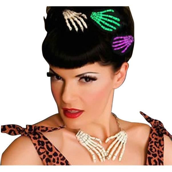 Pince à Cheveux Main Os Squelette - Noir Et Blanc Phosphorescent - Neuf Avec Étiquettes