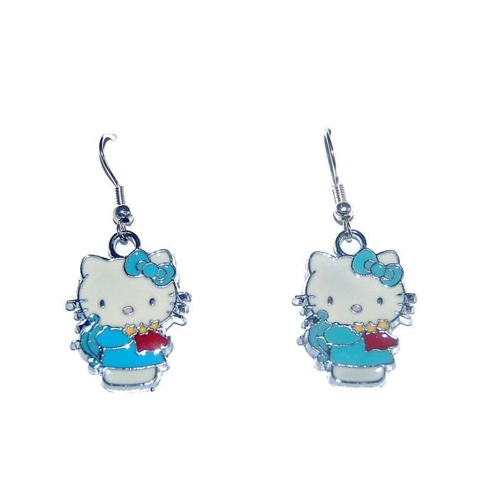 Boucles d'oreilles metal argenté Hello Kitty email bleu