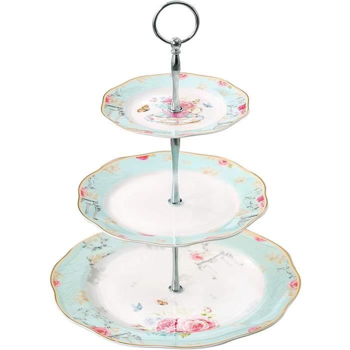 London Boutique Présentoir à Gâteau 3 Étages Porcelaine Anglaise Vintage Floral Bleu - Service Thé Élégant