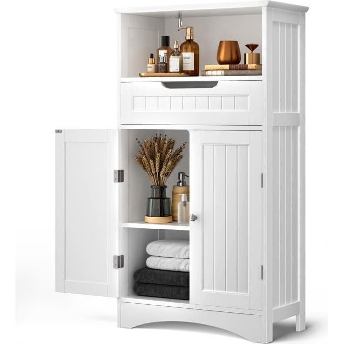 Meuble de salle de bain BEALIFE avec 1 tiroir 2 portes et étagère réglable en panneaux MDF blanc