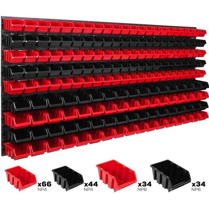 Système de rangement 174 x 78 cm a suspendre 178 boites bacs a bec XS et S noir et rouge boites de rangement