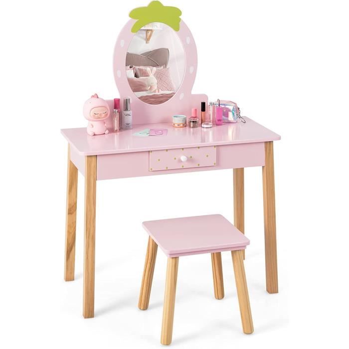 costway coiffeuse enfant- miroir amovible avec tabouret peigne et tiroir, en bois d'eucalyptus et mdf rose pour fille