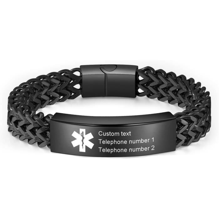 INBLUE Bracelets d'alerte médicale personnalisés pour homme - Bracelets d'identification d'urgence réglables en silicone avec gravure - Bracelets d'identification pour personnes âgées, Silicone, Pas
