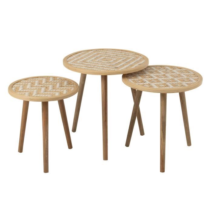 set 3 tables gigogne motifs 3 - j-line - bois massif - blanc - scandinave - moderne - laqué - rond