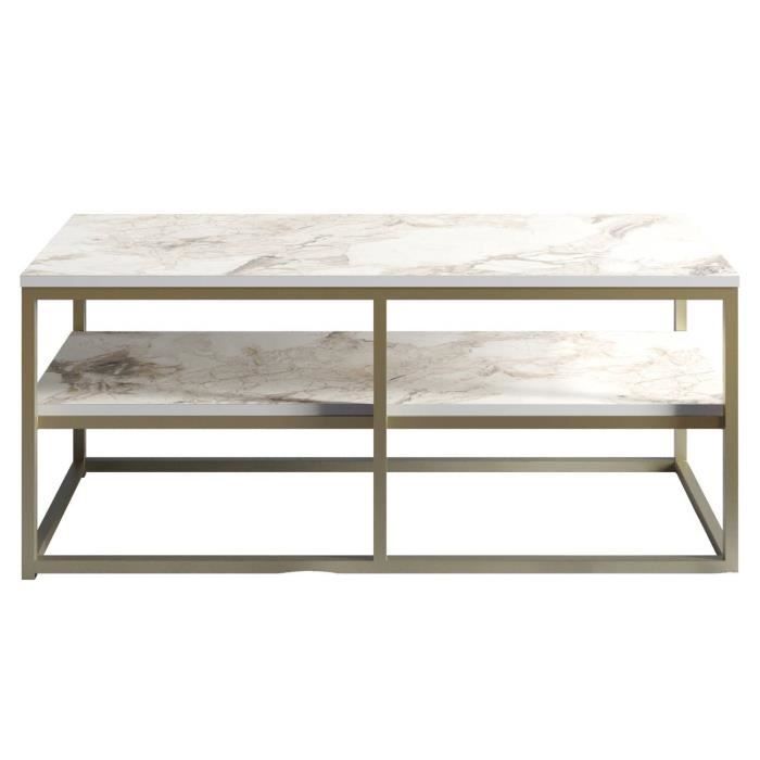 table basse rectangle cubicum 2 tablettes bois marbre blanc et métal or