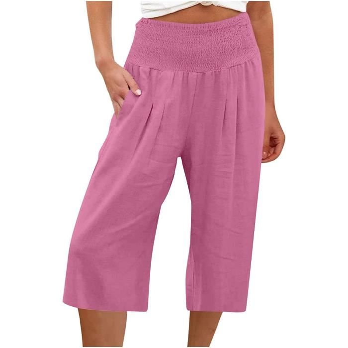 Pantalon Court Femme Ete Pantacourt Fluide en Coton et Lin Blanc et Rose vif Respirant Longueur 3 4 Rose vif Cdiscount Sport