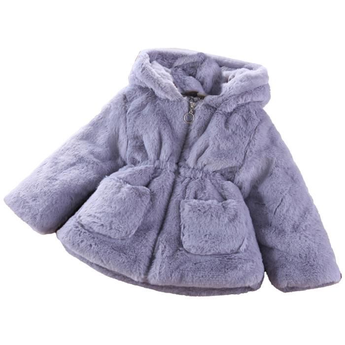 Manteau Fille Fausse Fourrure Avec Capuche - Chaud Et Doux, Couleur Unie - Taille 90 à 170 - Matière Suédine