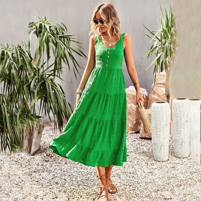 Robe femme chic Mode elegant Col ras du cou Sans manches Vert
