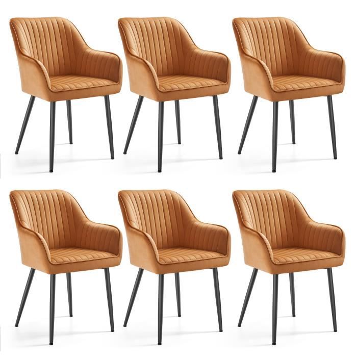 Chaise Salle à Manger lot de 6 Chaise de Cuisine Fauteuil en Velours Rembourrée avec Accoudoirs Marron Caramel et Noir dencre