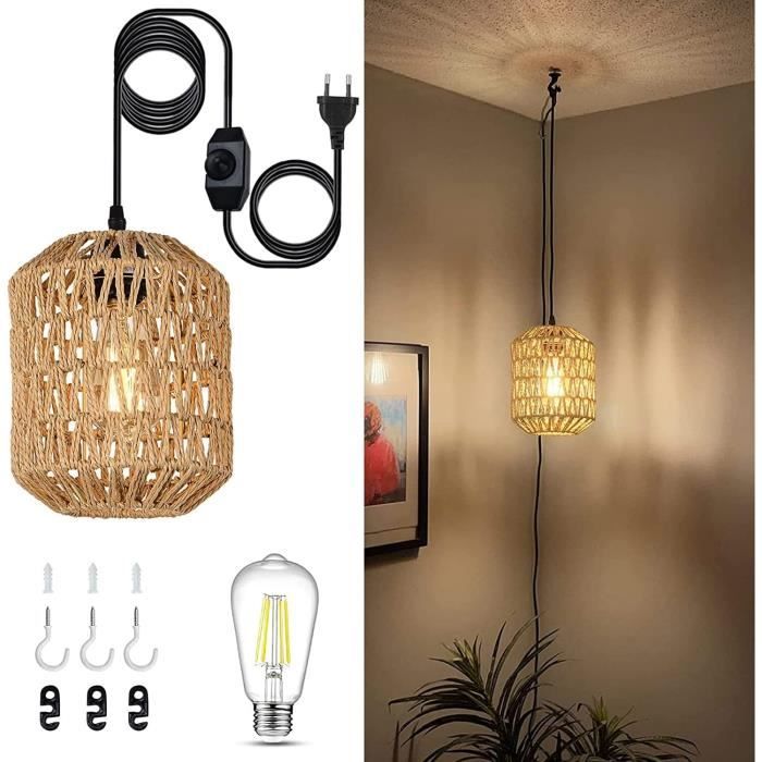 Lustre Suspension Rotin Noir 6 Flammes - Style Bohème Vintage, Hauteur Réglable 44-104 Cm, Diamètre 63 Cm, Douilles E27, Pour Salon/salle à Manger