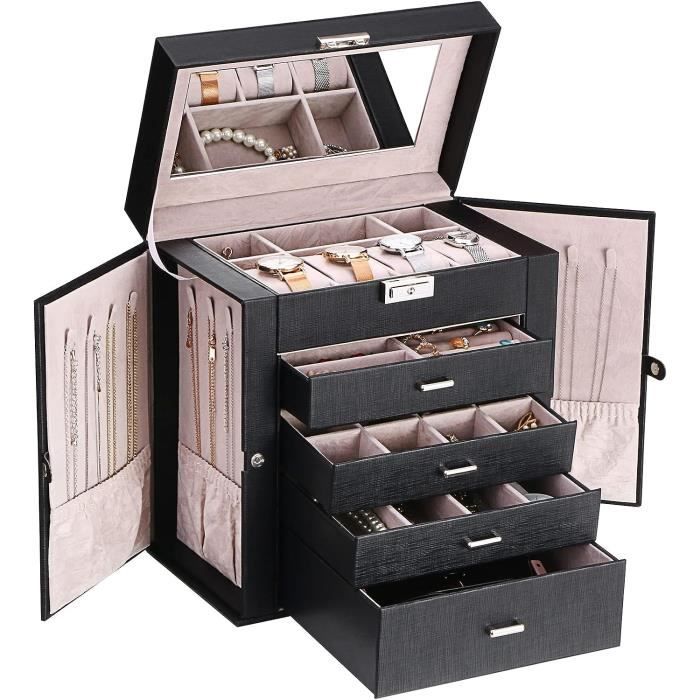 Boîte à Bijoux 3 Étagees Casiwaft - Organisateur Grand Format Avec Tiroir - Range Bracelets, Colliers, Bagues - Or Rose