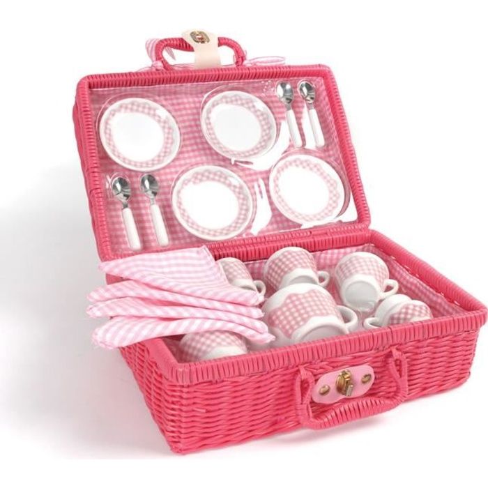 Coffret de pique-nique pour le goûter - TIDLO - Rose - Porcelaine et osier - 12 pièces