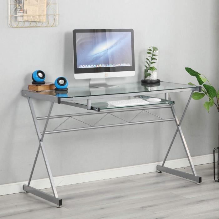 Bureau Informatique Table de Travail Ordinateur avec Grand Plateau en Verre  Trempé et Tiroir Intégré Idéal pour Bureau Chambre 120 x 60 x 75 cm Blanc  et Bois