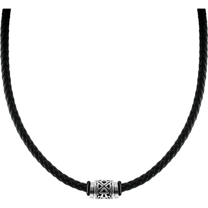 Collier Pour Homme En Cuir Tressé Et Acier - Noir/Gris, Longueur 17-100 Cm Ajustable - Neuf Fait Main