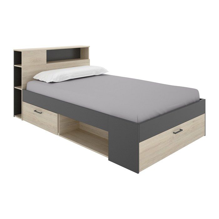 Lit avec tête de lit rangements et tiroirs - 120 x 190cm - Coloris : Naturel et anthracite - LEANDRE Lit avec tête de lit rangements et tiroirs - 120 x 190cm - Coloris : Naturel et anthracite - LEANDRE
