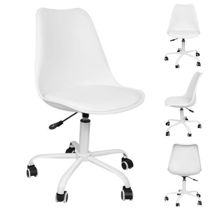 Willonin® Chaise de bureau à roulettes Hauteur dassise réglable 43-55cm Siège en similicuir Blanc 47x41 cm Pied métal laqué