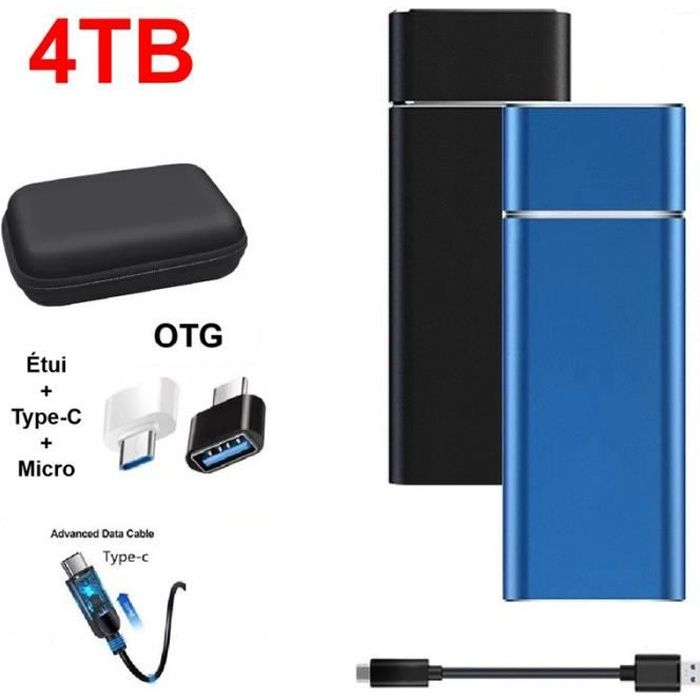 Disque Dur Externe SSD Portable 4TB 4To Bleu avec OTG + Étui Housse Sac de Protection HDD pour PC Ordinateur Téléphone Mobile