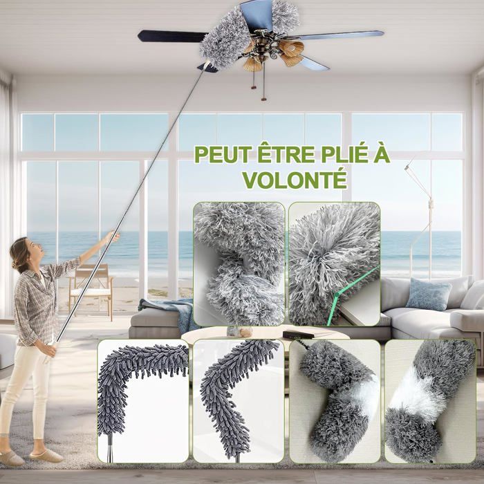 Kit 5 Pièces Plumeau Télescopique 250cm - Tête Microfibre Lavable Pour Plafonds, Toiles D'Araignée, Stores