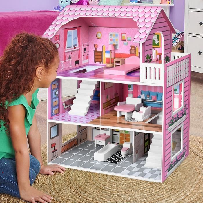 UISEBRT 60x27x70cm Maison de Poupee en Bois, 3 Étages Barbie