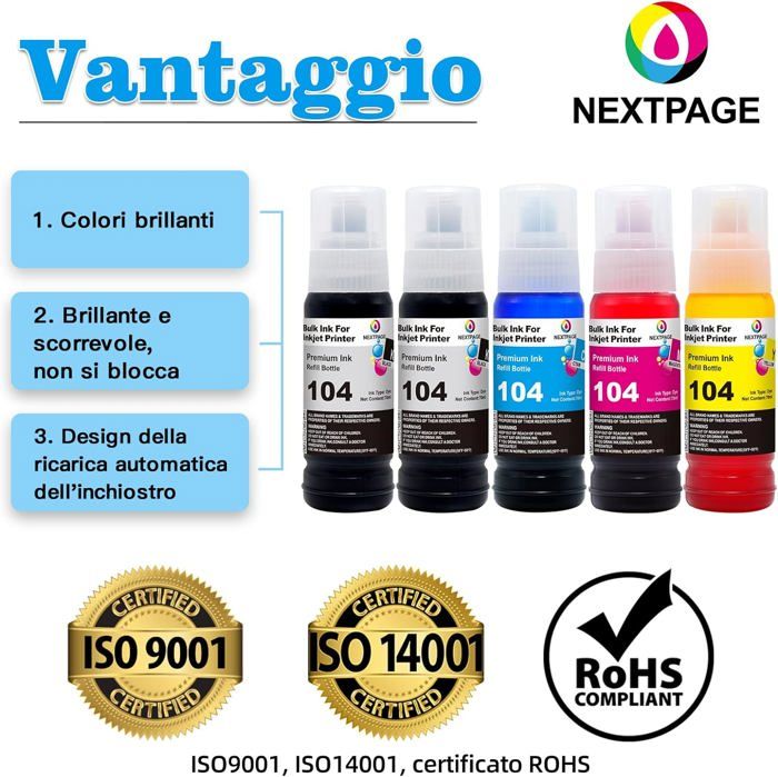 Cartouches D'encre Compatibles TONTINTA E104 - 5 Couleurs, Haute Capacité, Pour Imprimantes Epson EcoTank