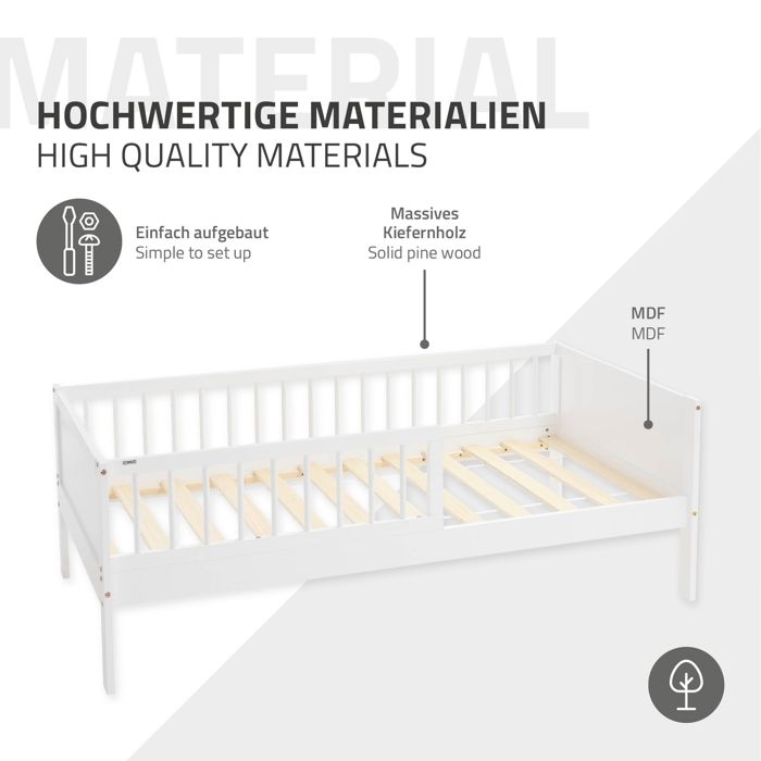 Lit Enfant Simple 80x160 Cm En Pin Blanc Avec Sommier Lattes Et Matelas - ML DESIGN, Montage Facile