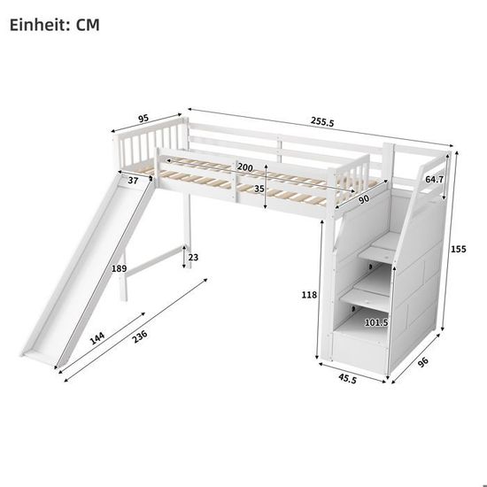 Lit Mezzanine Enfant En Pin Avec Toboggan, Étagères Et LED - 90x200 Cm - Certifié EN747 - Blanc - Design Moderne Et Sécurisé