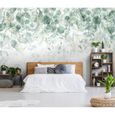 Papier Peint Intissé Lavable Mural Panoramique Feuilles Vert Jungle Fleurs - 254x184 cm Cuisine Chambre Salon-0