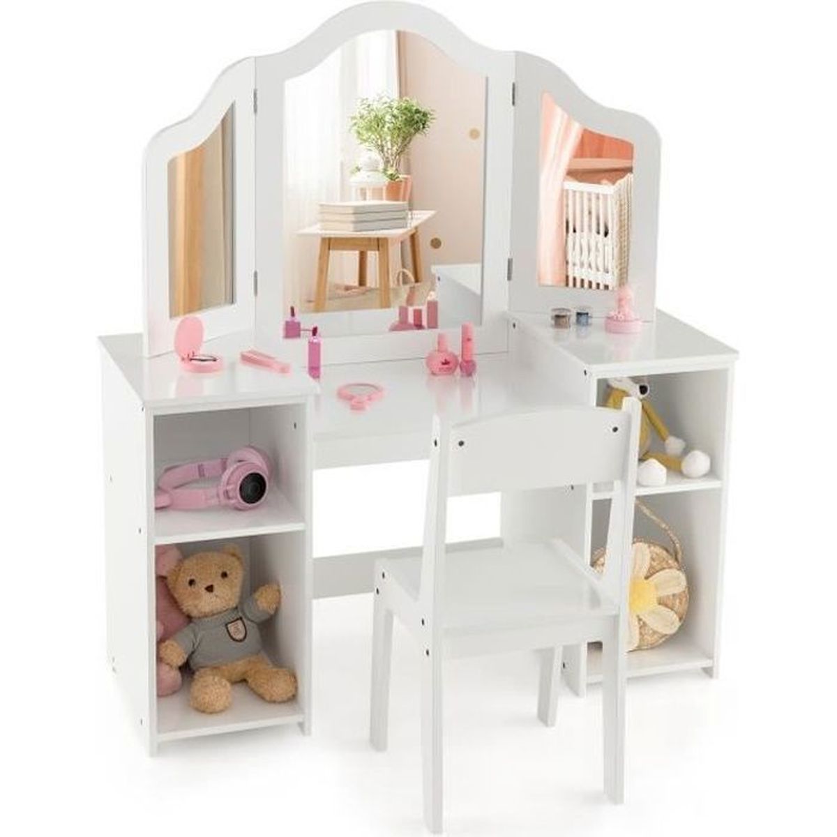 Coiffeuse De Princesse Pour Enfant Avec Miroir LED, Tabouret Et Rangements - En Bois Blanc, Pour Fille 3 à 8 Ans - AIYAPLAY