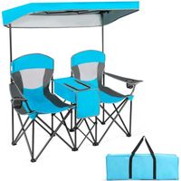 COSTWAY Chaise/Fauteuil de Camping Pliante 2 Places - Pare-soleil Amovible et Réglable, Sac isotherme - Plage, Pêche - Bleu