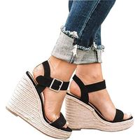 SANDALE - NU-PIEDS Chaussures à talons compensés pour femmes Corde de chanvre tissée paille,  grande taille, chaussures Noir