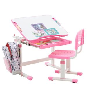 BUREAU  Ensemble bureau et chaise pour enfant TUTTO table et chaise réglable en hauteur, pupitre inclinable, métal blanc et plastique rose