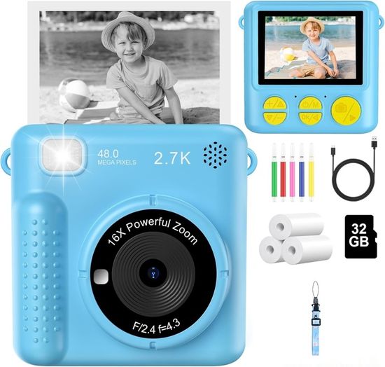 Appareil Photo Instantané Enfant - 48MP, Vidéo 1080P - Impression Sans BPA - 4 Rouleaux - Jeux, Filtres, Application