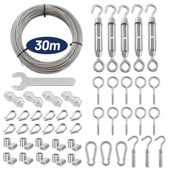 Corde En Acier Inoxydable à Suspendre Kit, CâBle En Acier Inoxydable RevêTu De Nylon, Tendeur Cable Acier Pvc, Pour Corde De Tente, Corde à Linge, Lustre D'ExtéRieur,Jardin (25m