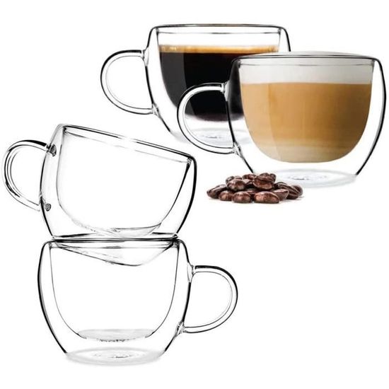 Mfacoy Lot de 4 grandes tasses à café en verre transparent de 445 ml avec  poignées pour boissons chaudes, tasses transparentes pour thé, cappuccino