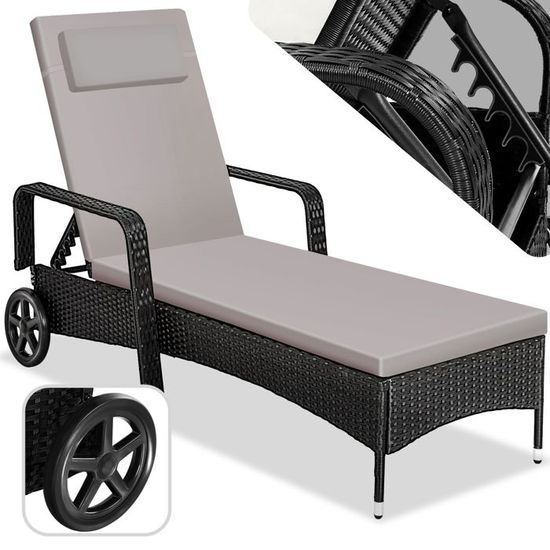 TECTAKE Chaise longue CASSIS bain de soleil en résine tressée et cadre en aluminium dossier réglable 6 positions - Noir