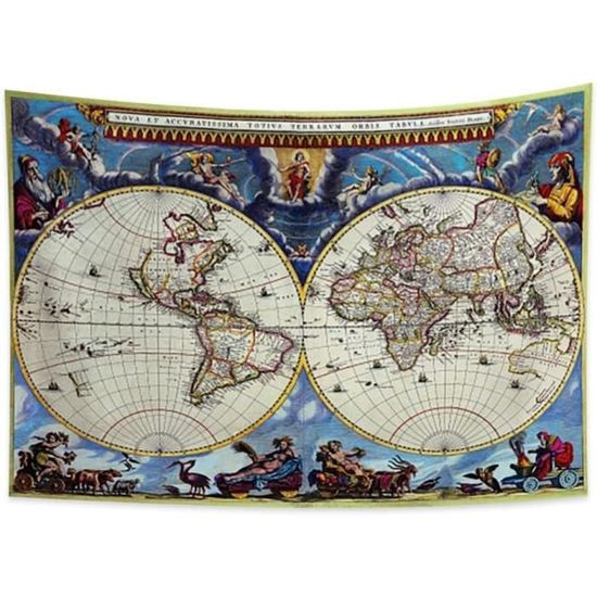Tapisserie Murale Carte Du Monde Vintage - Déco Chambre, Salon Ou Bureau - Tissu Polyester Lavable 150x100 Cm