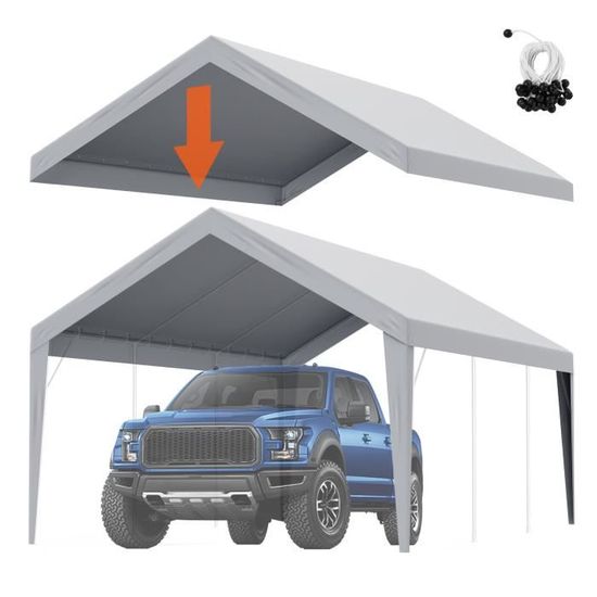 VEVOR Toile deauvent de rechange pour abri de voiture, 6,1x3 m, bache de tente de garage, impermeable protegee contre UV, elastiques a boule, blanc (couverture superieure uniquement, cadre non inclus
