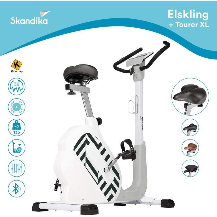 skandika Elskling - Vélo d'appartement - Différentes selles - Inertie 11 kg - 24 Prog. - Support Tablette - Bluetooth - Applications