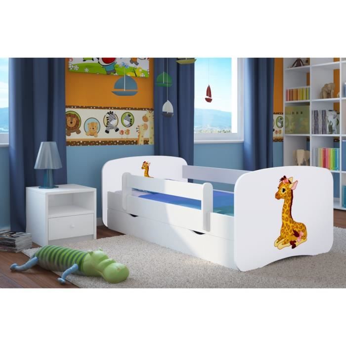 LIT ENFANT AVEC BARRIERE DE SECURITE ET 1 GRAND TIROIR -GIRAFE- BLANC