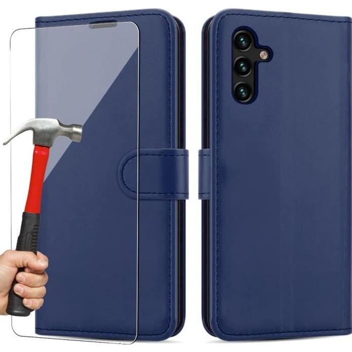 Coque pour Samsung A04s Bleu Portefeuille Protection 360 + 2 Verres Trempés