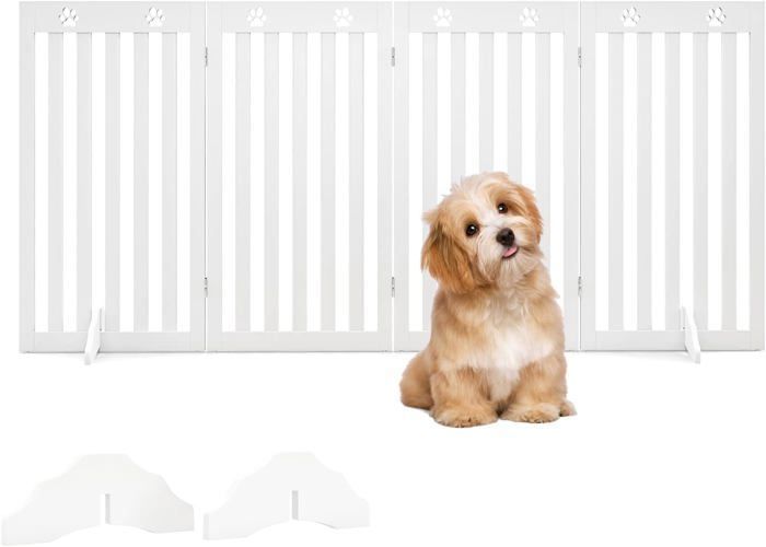 COSTWAY Barrière Autoportante pour Chien 4 Panneaux en Bois Charnières Métalliques à 360° sans Perçage pour Maison Escaliers Blanc