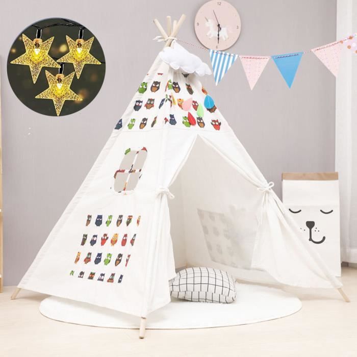 Tipi Tente de Jeu pour Enfants avec Guirlande - Tente Bébé avec Motif en hibou 1.6m - toile de coton naturel